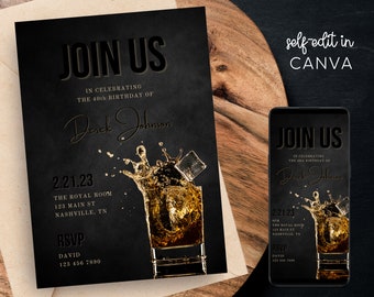 Men's Black Simple Minimalist Whiskey Birthday Event Party Digital Electronic Phone Canva Template Editable Invitation Instant Download