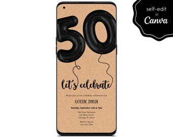 50th Birthday Party Digital Invite, Fifty Bday Balloons, Minimalist, Mobile Phone Template Editable Invitation Instant Download