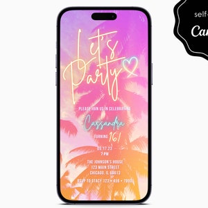 Tropical Beach Girly Palm Tree Party Birthday Event Digital Electronic Mobile Phone Canva Template Editable Invitation Instant Download