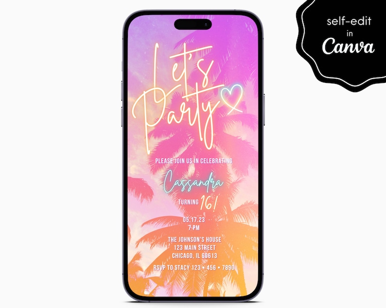 Tropical Beach Girly Palm Tree Party Birthday Event Digital Electronic Mobile Phone Canva Template Editable Invitation Instant Download imagem 1