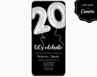 20th Birthday Party Digital Invite, Minimalist Black and White, Balloons, Mobile Phone Template Editable Invitation Instant Download