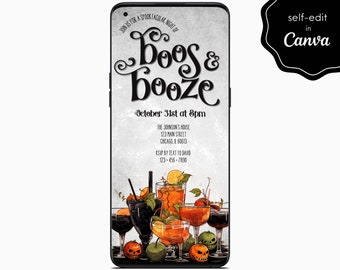 Halloween Party Boos & Booze Digital Invite, Event Electronic Mobile Phone Canva Template Editable Invitation Instant Download