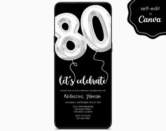 80th Birthday Party Digital Invite, Minimalist Black and White, Balloons, Mobile Phone Template Editable Invitation Instant Download