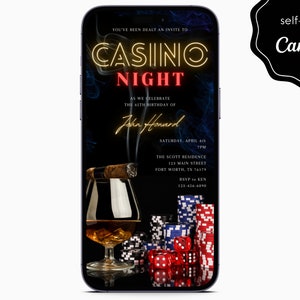 May include: A black and gold casino night invitation with a red and white dice, a glass of whiskey, and a lit cigar. The invitation reads "You've been dealt an invite to Casino Night" and "As we celebrate the 45th birthday of John Howard".