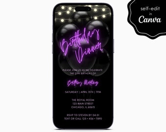 Black & Neon Purple Birthday Party Event Digital Electronic Mobile Phone Canva Template Editable Invitation Instant Download