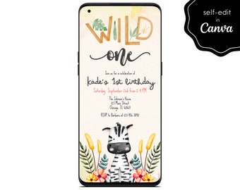 First Birthday Party Digital Invite, Wild One Jungle 1st Invite, Zebra, Baby, Mobile Phone Template Editable Invitation Instant Download