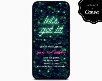 Let's Get Lit Neon Green Sign Birthday Party Event Electronic Digital Mobile Phone Canva Template Editable Invitation Instant Download