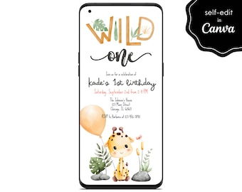 First 1st Birthday Party Digital Invite, Wild One Jungle, Giraffe, Gender Neutral Mobile Phone Template Editable Invitation Instant Download