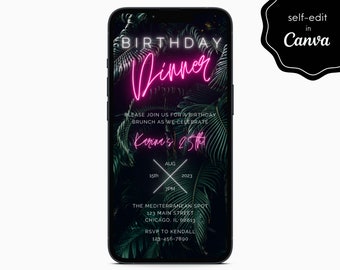 Birthday Dinner Neon Pink Palm Leaves Party Event Electronic Digital Mobile Phone Canva Template Editable Invitation Instant Download