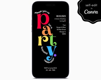 Retro Stacked Rainbow Birthday Party Event Digital Electronic Mobile Phone Canva Template Editable Invitation Instant Download