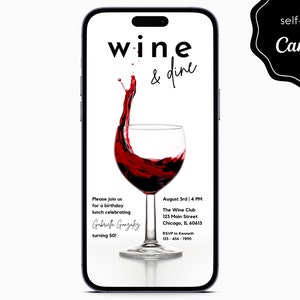 Wine and Dine Minimalistische Geburtstagsparty Event Digitale elektronische Handy Canva Vorlage Editierbare Einladung Sofortiger Download