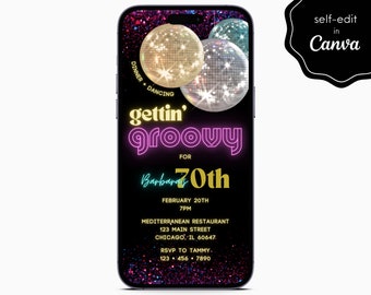 Disco Ball 70s Gettin' Groovy Birthday Party Event Electronic Digital Mobile Phone Canva Template Editable Invitation Instant Download