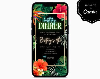 Tropical Flowers Havana Birthday Dinner Party Event Electronic Digital Mobile Phone Canva Template Editable Invitation Instant Download