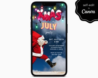 Christmas Xmas in July Holiday Party Event Electronic Digital Mobile Phone Canva Template Editable Invitation Instant Download