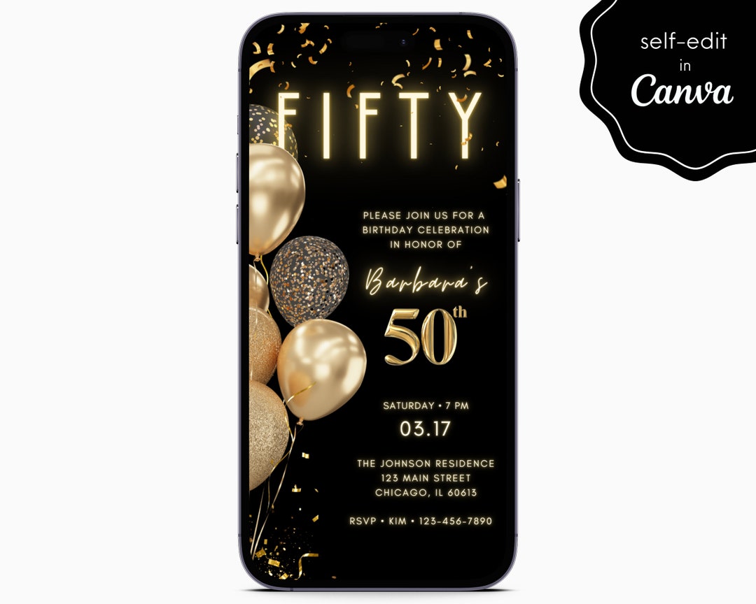 50th Fifty Black and Gold Birthday Party Event Electronic Digital
