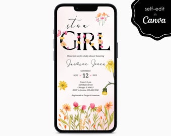 It's a Girl Baby Shower Floral Pink Party Event Electronic Digital Mobile Phone Canva Template Editable Invitation Instant Download