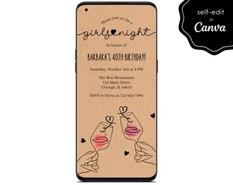 Digital Girls Night Birthday Party Invite, Minimalist Wine Party, Electronic Mobile Phone Template Editable Invitation Instant Download