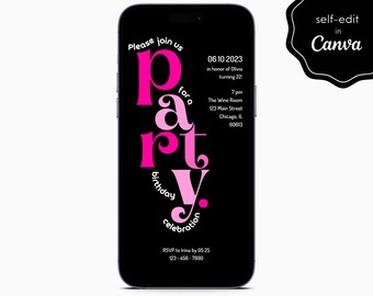 Retro Stacked Black and Pink Birthday Party Event Digital Electronic Mobile Phone Canva Template Editable Invitation Instant Download