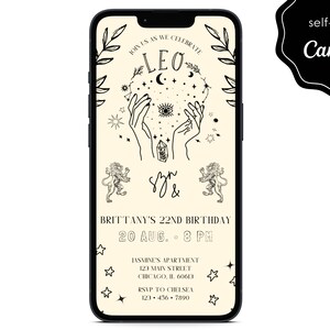 Leo Season Birthday Party Invite, Zodiac, Tarot, Astrology Event Electronic Mobile Phone Canva Template Editable Invitation Instant Download