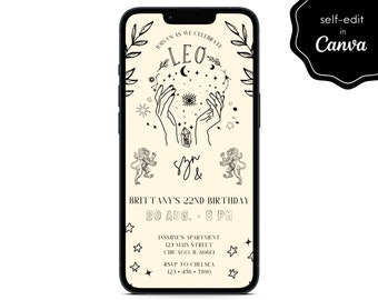 Leo Season Birthday Party Invite, Zodiac, Tarot, Astrology Event Electronic Mobile Phone Canva Template Editable Invitation Instant Download