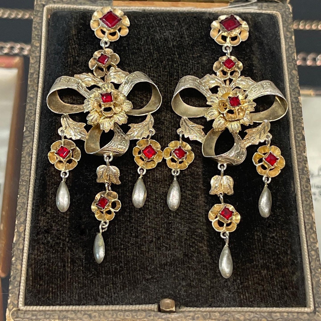 Antique Silver Gilt and Red Pasteset Chandelier Earrings, Late 19th