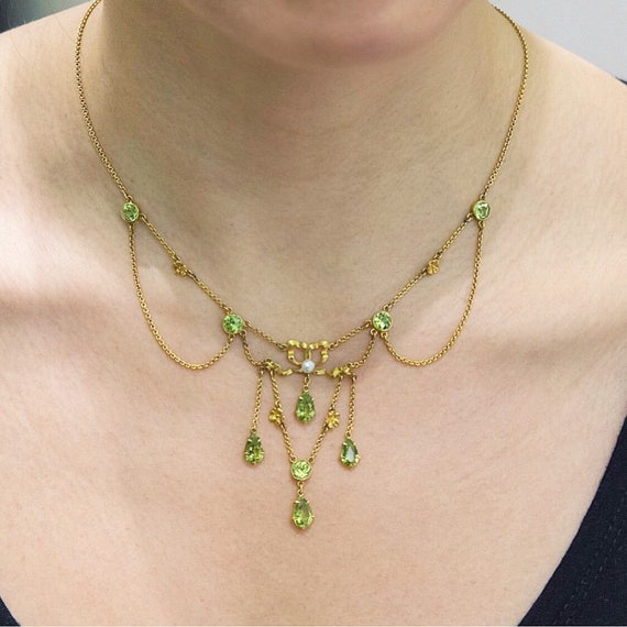 Edwardian peridot and natural pearl necklace, cir… - image 5