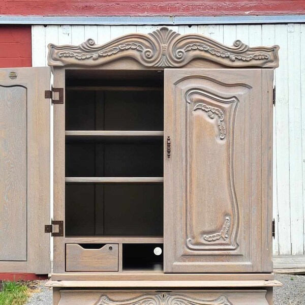 Solid Oak Armoire or Dresser | French Country Cupboard | Entertainment Center, TV Media Cabinet | Storage Cabinet with Ornate Carvings