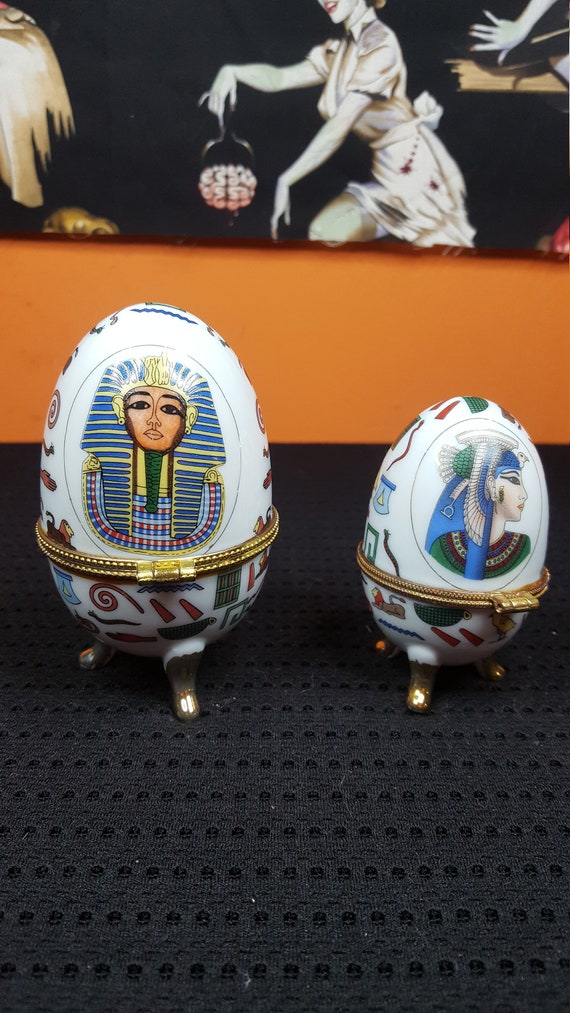 Pair of Porcelain Egg Trinket Boxes, Egyptian The… - image 3