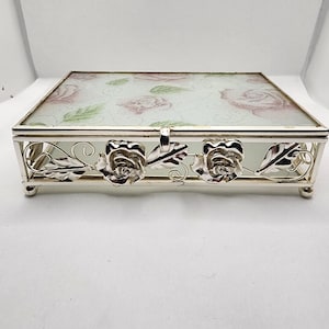 Vintage Frosted Square trinket Box with Roses.