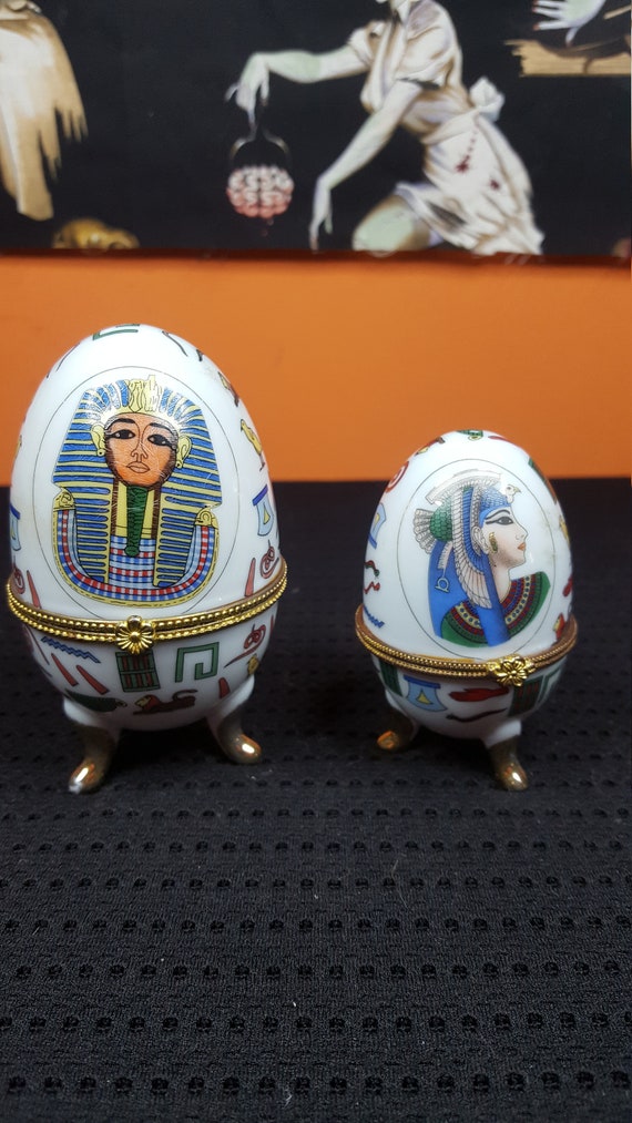 Pair of Porcelain Egg Trinket Boxes, Egyptian The… - image 1