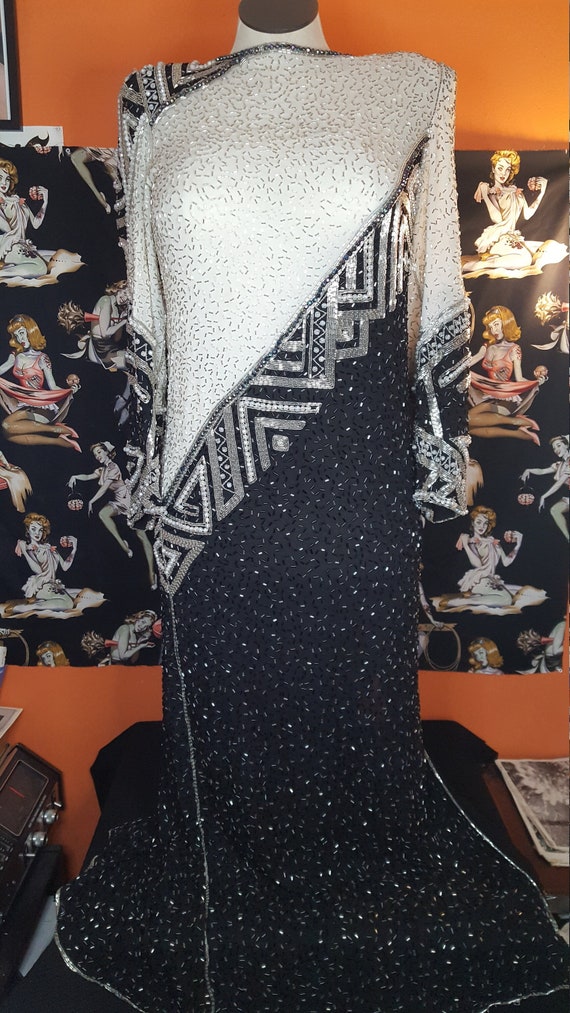 Vintage Judith Anne Creations Black and White Beaded Evening Dress Size Medium