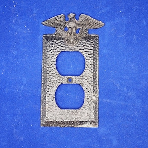 Puede incluir: Una cubierta de enchufe decorativa de metal texturizado con un emblema de águila. La cubierta tiene dos aberturas circulares para los enchufes y un pequeño agujero para un tornillo. El águila está posada sobre la placa rectangular.