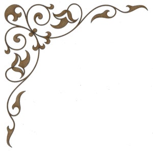 May include: A brown decorative corner design with intricate swirls and leaves.