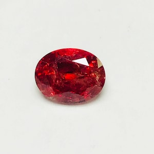 May include: A deep red oval gemstone with a faceted cut.