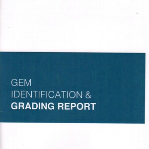May include: A blue, green, and red gemstone grading report from GWLAB. The report features a blue teardrop-shaped gemstone, a red square-shaped gemstone, and a green rectangular-shaped gemstone.