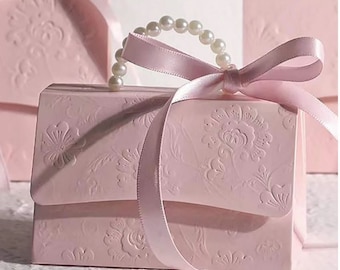 Chic Pink Embossed Gift & Favor Box with Elegant Pearl Handle and Satin Ribbon - Ideal for Wedding, Birthday, and Special Occasions