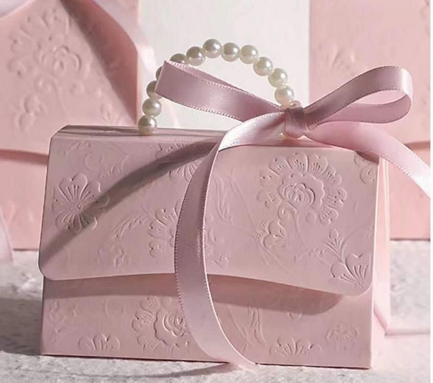 Embossed Pink Favor Box: Pearl Handle, Satin Ribbon, Floral Gift Box