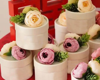 Round Wedding, Birthday, shower, and Party Favor Boxes Artificial Flowers Favor Box Floral pattern Cute Little Ring Box