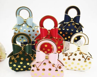 Set of 10- Polka Dot Purse Shaped Gift Bag. Mini Purse with Bow Favor Box. Cute Purse Barbie Doll Size Favor box. Small Paper favor Box