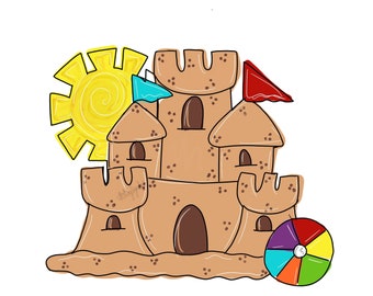 May include: A cartoon illustration of a brown sandcastle with a yellow sun, blue and red flags, and a colorful beach ball.