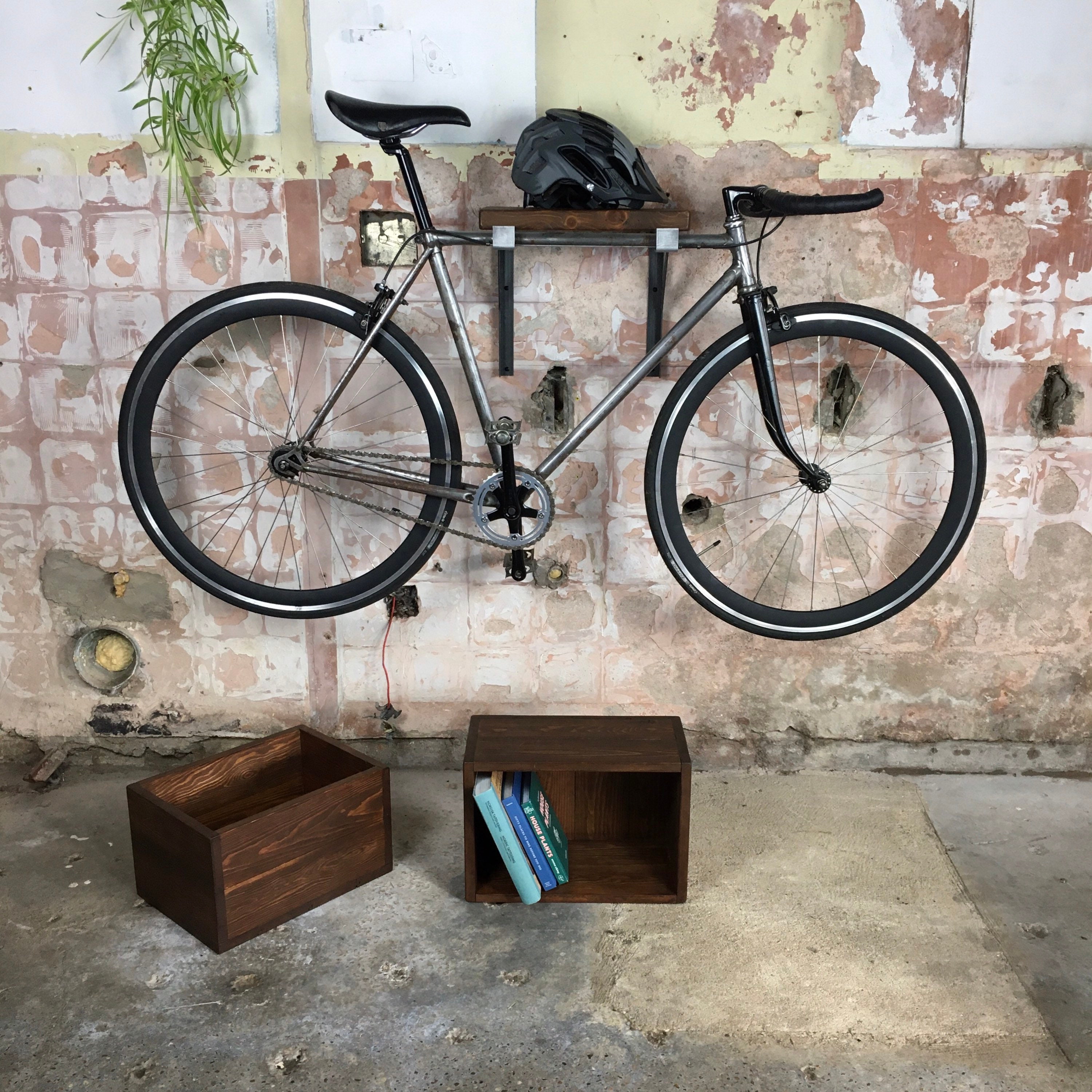 Bike Wall Mount Rack Reclaimed Timber Shelf Metal Bicycle Brackets Etsy