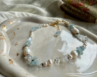 Unique Blue Aquamarine and Real Fresh Water Pearl Necklace, Original  Choker, y2k aesthetic beaded jewelry, something blue, blue gemstones