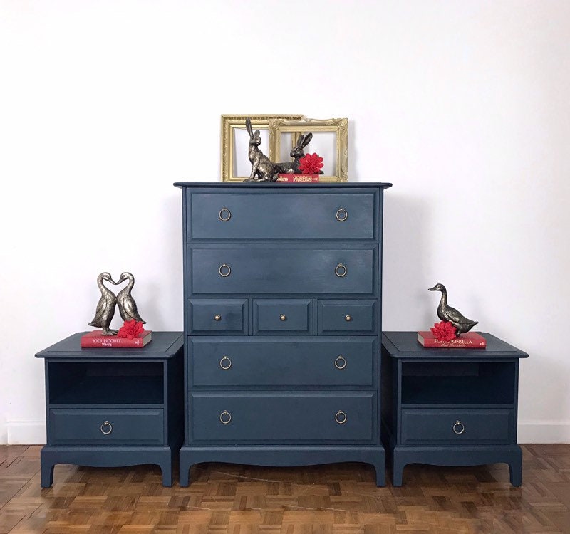 Dark Blue Bedroom Set By Stag Minstrel Chest Of Drawers And Bedside Cabinets Hand Painted Bedroom Furniture Set