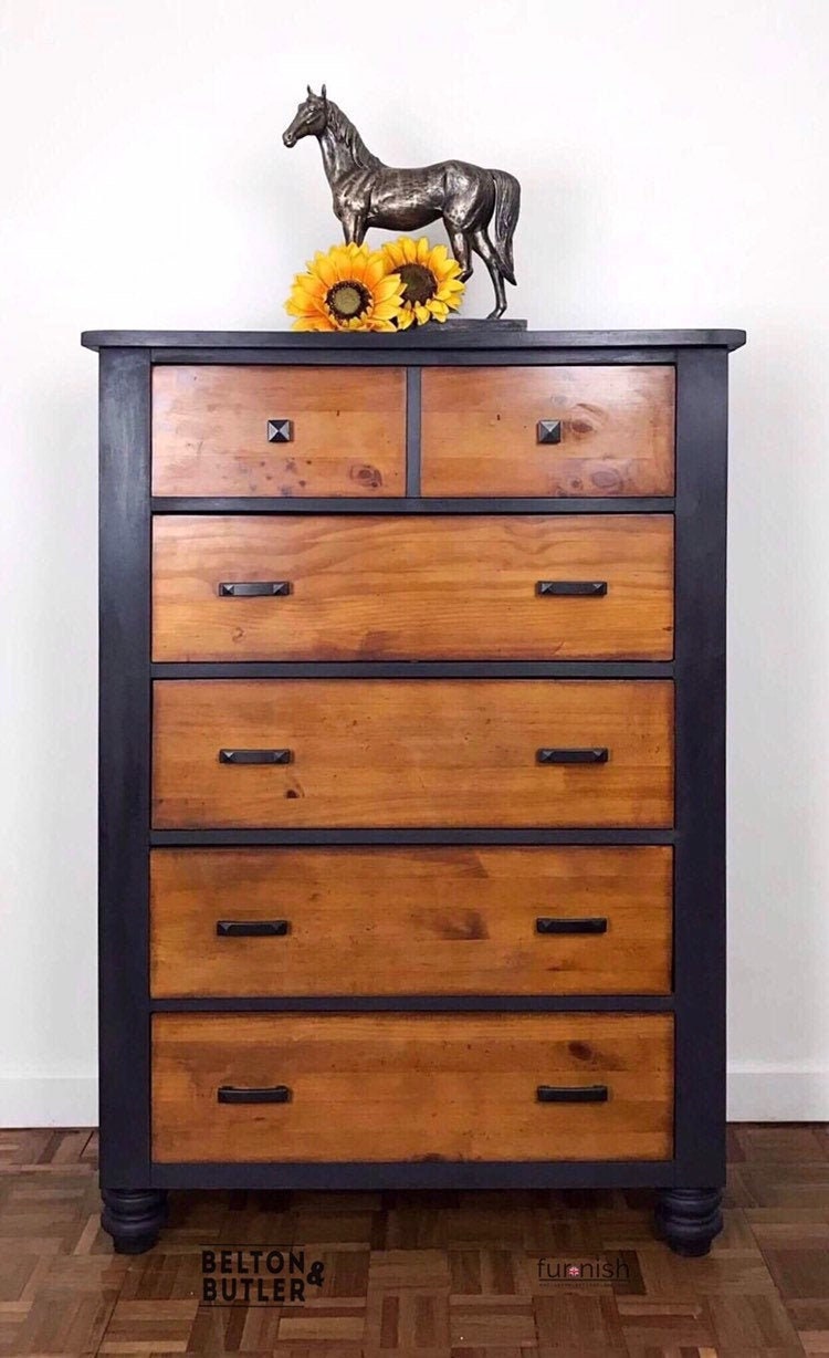 Dark Grey And Natural Wood Chest Of Drawers Hand Painted