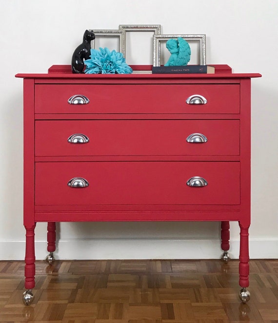 three drawer red and black vintage chest of drawers. hand | etsy