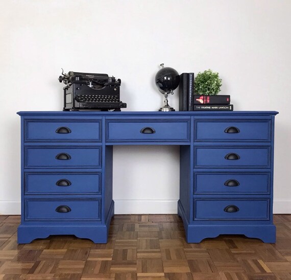 Blue Twin Pedestal Desk Dressing Table Painted Writing Or