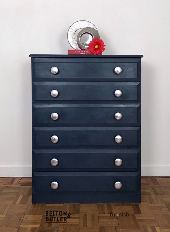 Tall Dark Blue And Silver Vintage Chest Of Drawers Hand Painted Bedroom Furniture