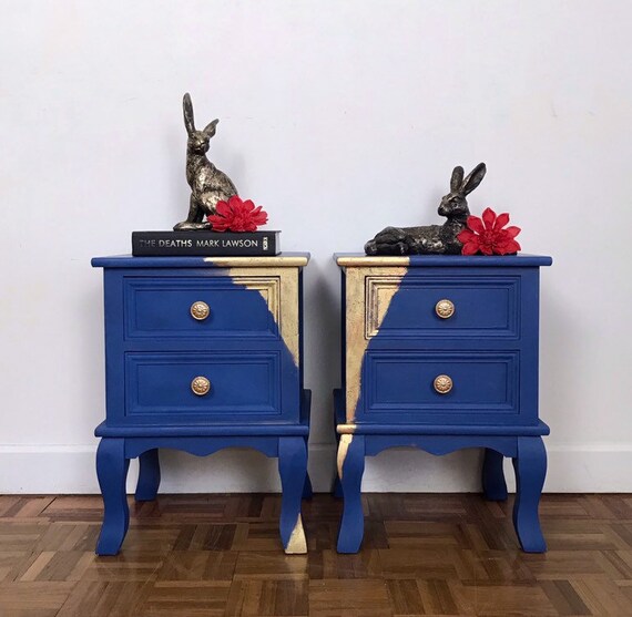 Bright Blue And Gold Bedside Drawer Set Etsy