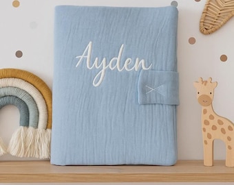 Personalized baby health record cover with blue first name