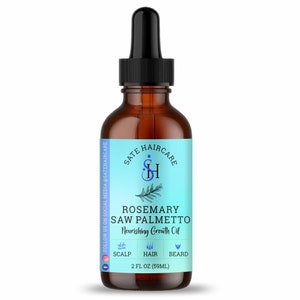 May include: A brown glass bottle with a dropper top and a blue and white label. The label reads "Rosemary Saw Palmetto Nourishing Growth Oil" and includes icons for scalp, hair, and beard. The bottle contains 2 fluid ounces (59 ml).